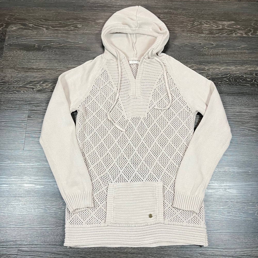 prAna Womens Beige Cotton Pointelle Knit Hooded Sweater Large Pullover Boho Chic